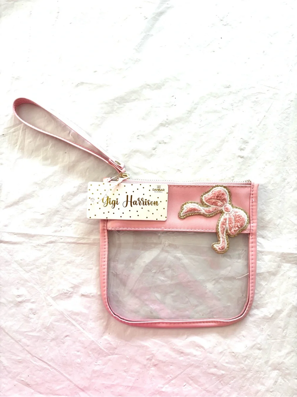 NWT Gigi Harrison Pink Gold Clear Wristlet Pouch with Bow